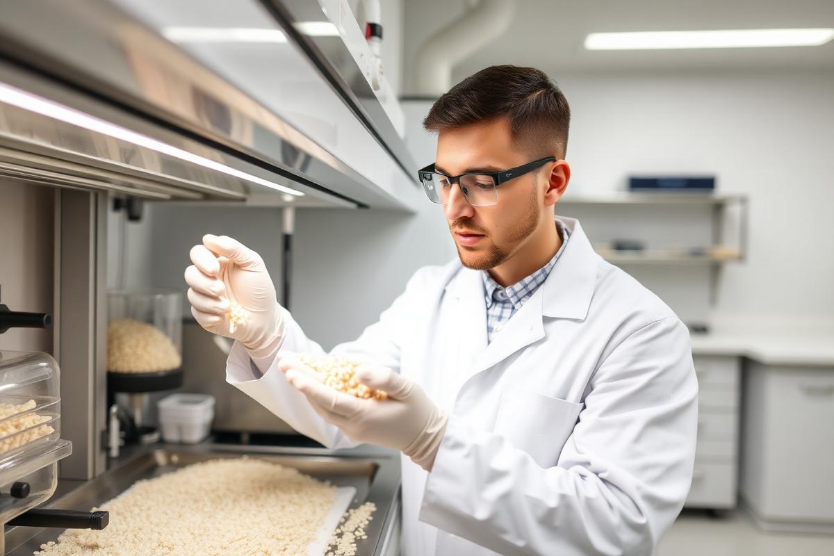 Laboratory technician testing rice grain samples for quality