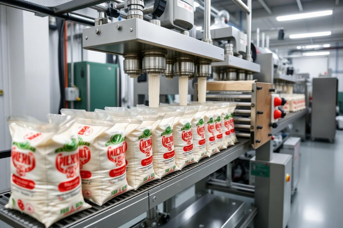 Automated rice packaging line filling branded bags